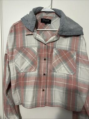Mila &Tiff Plaid Button-Up Jacket in Dusty Rose and Gray with removable hood.